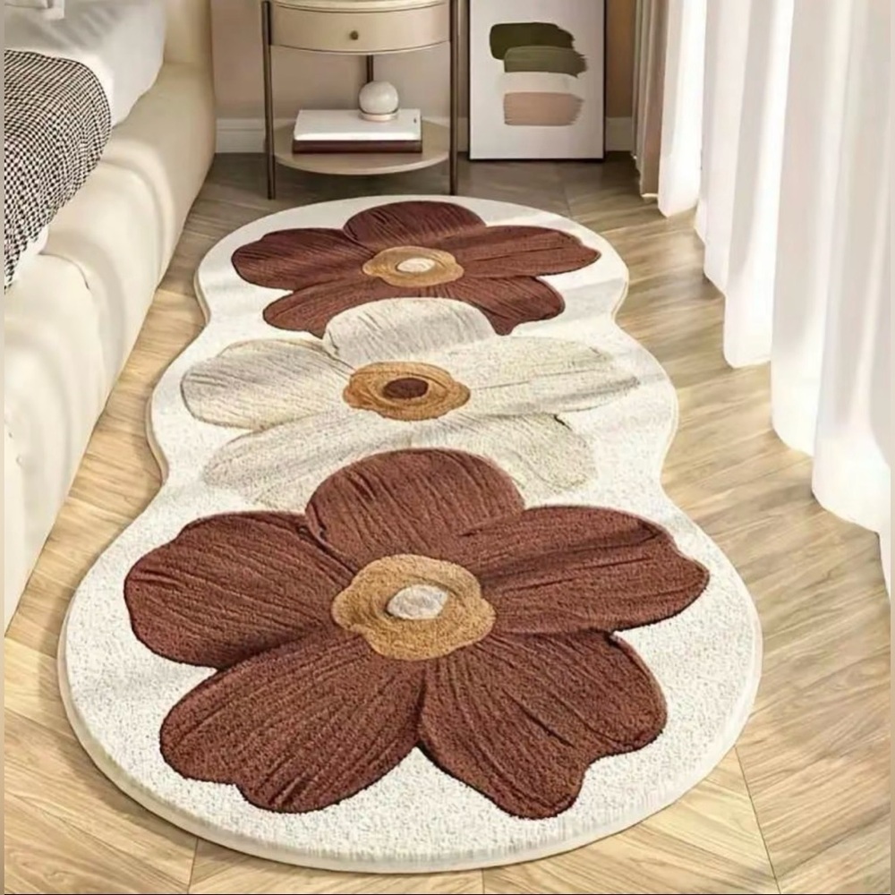 Abstract Floral Print Rust & Cream Bath Mat - Plush Non-Slip Accent Rug NWT